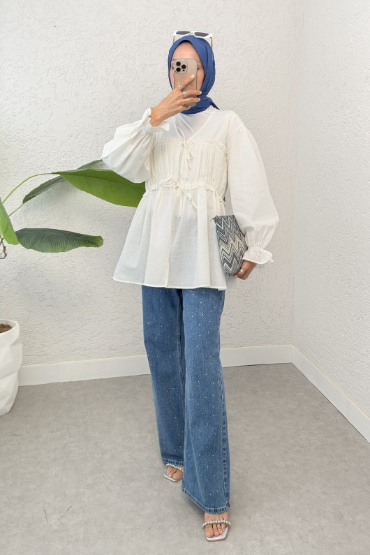 Ön Büzgülü Kimono Tunik 2307 - KREM