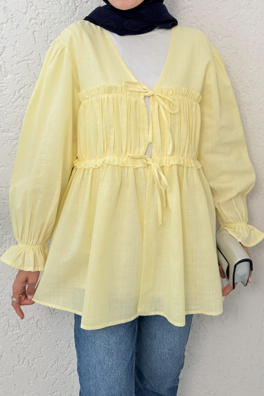 Ön Büzgülü Kimono Tunik 2307 - SARI Ön Büzgülü Kimono Tunik 2307 - SARI