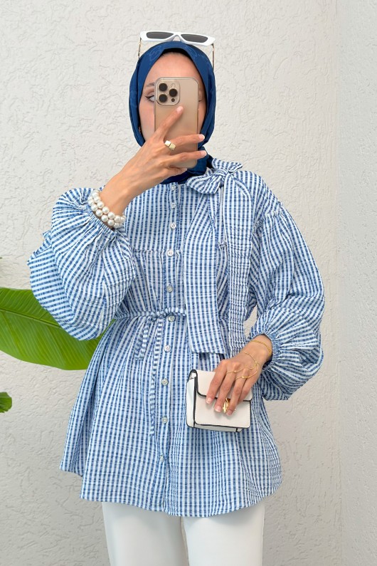 Çizgili Omuz Fiyonklu Tunik 2309 - MAVİ Çizgili Omuz Fiyonklu Tunik 2309 - MAVİ