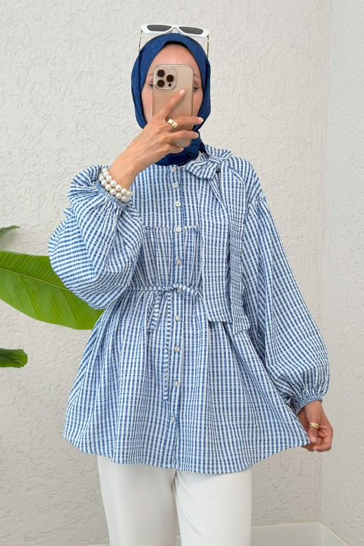 Çizgili Omuz Fiyonklu Tunik 2309 - MAVİ Çizgili Omuz Fiyonklu Tunik 2309 - MAVİ
