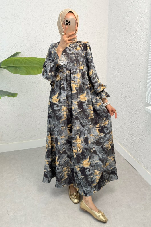 Batik Desen Viscon Elbise 2310 - ANTRASİT Batik Desen Viscon Elbise 2310 - ANTRASİT