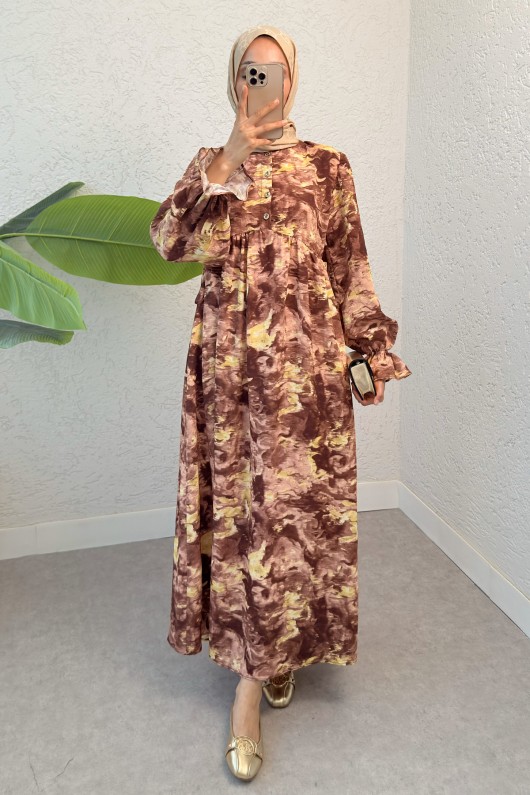 Batik Desen Viscon Elbise 2310 - KAHVERENGİ