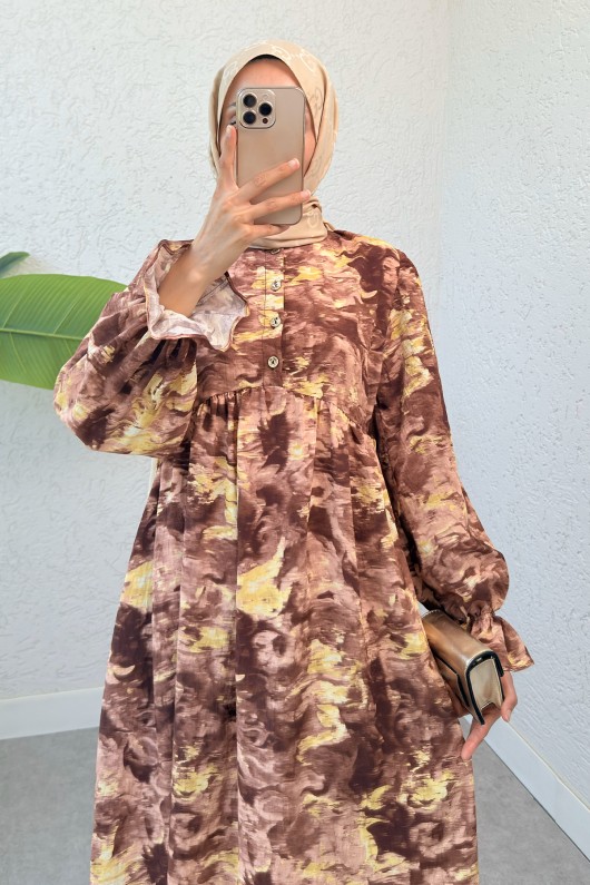 Batik Desen Viscon Elbise 2310 - KAHVERENGİ