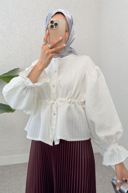 Bel Büzgülü Etek Üstü Gömlek 2312 - BEYAZ