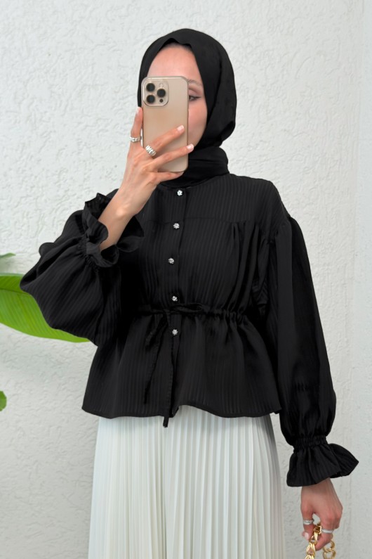 Bel Büzgülü Etek Üstü Gömlek 2312 - SİYAH