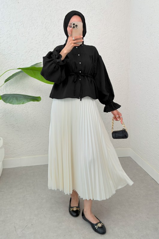 Bel Büzgülü Etek Üstü Gömlek 2312 - SİYAH