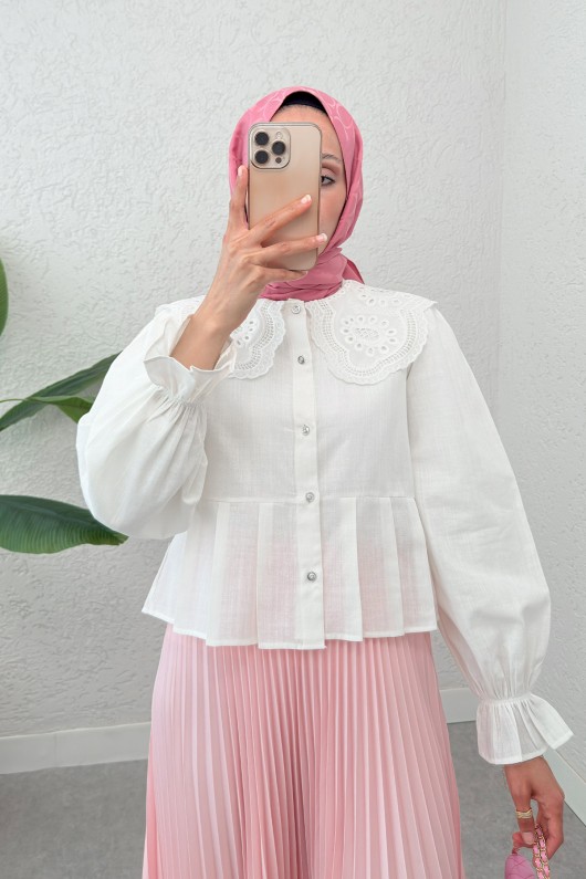 Dantel Yaka Pliseli Gömlek 2313 - BEYAZ