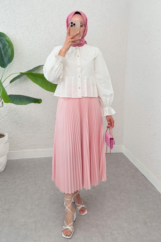 Dantel Yaka Pliseli Gömlek 2313 - BEYAZ