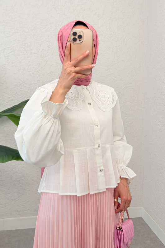 Dantel Yaka Pliseli Gömlek 2313 - BEYAZ