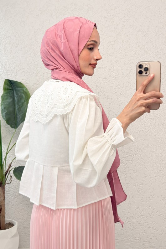 Dantel Yaka Pliseli Gömlek 2313 - BEYAZ