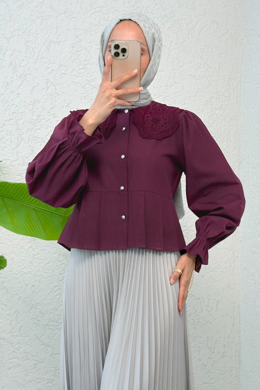 Dantel Yaka Pliseli Gömlek 2313 - BORDO