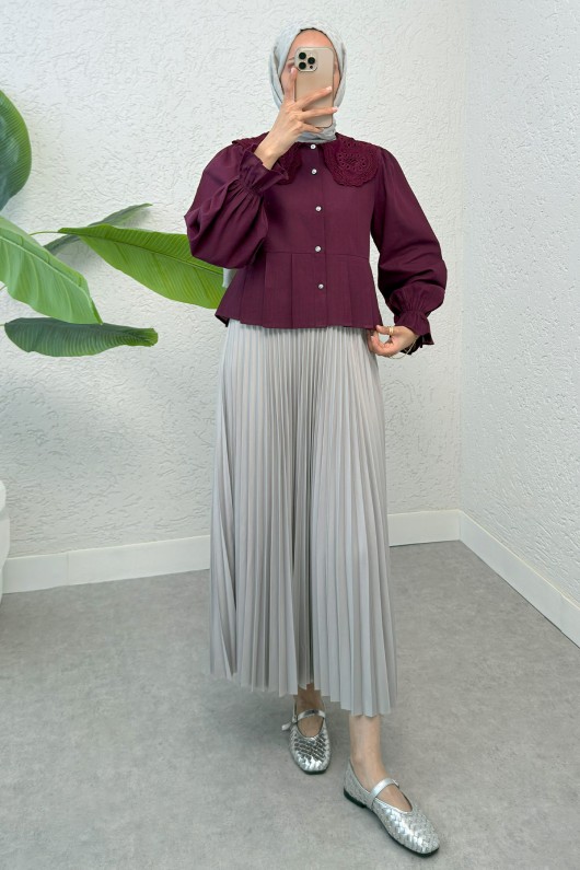 Dantel Yaka Pliseli Gömlek 2313 - BORDO