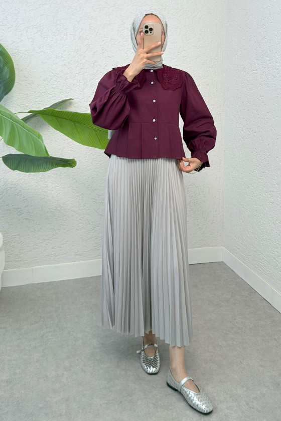 Dantel Yaka Pliseli Gömlek 2313 - BORDO