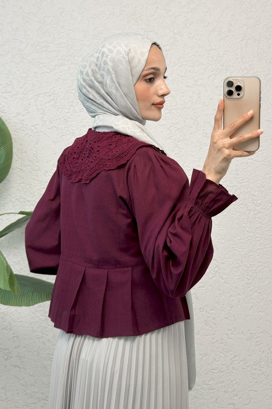 Dantel Yaka Pliseli Gömlek 2313 - BORDO