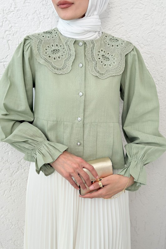 Dantel Yaka Pliseli Gömlek 2313 - MİNT YEŞİLİ