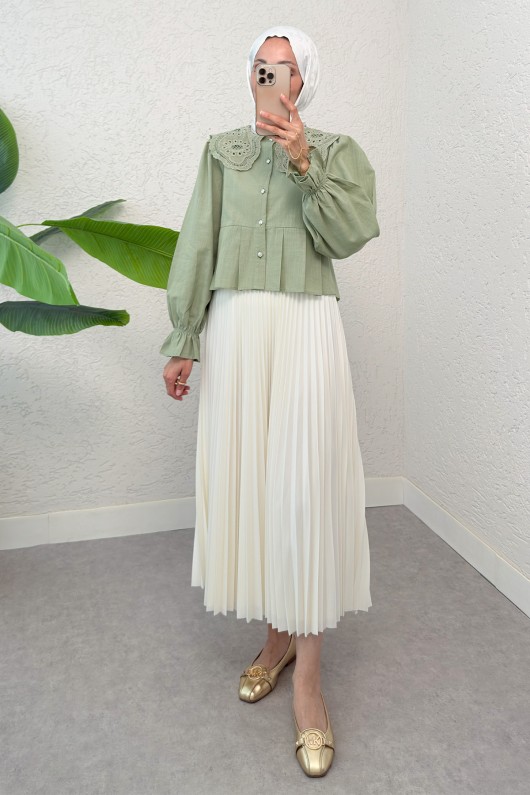 Dantel Yaka Pliseli Gömlek 2313 - MİNT YEŞİLİ