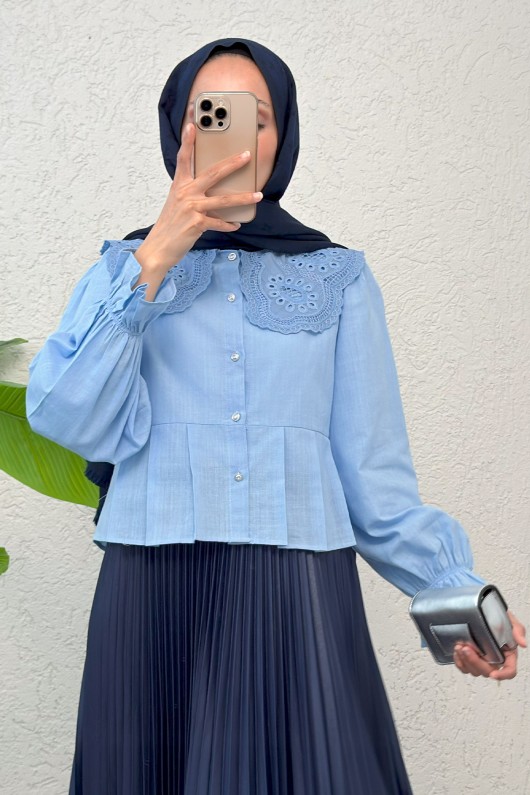 Dantel Yaka Pliseli Gömlek 2313 - BEBE MAVİSİ