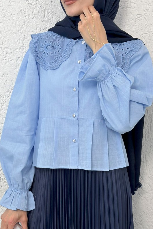 Dantel Yaka Pliseli Gömlek 2313 - BEBE MAVİSİ