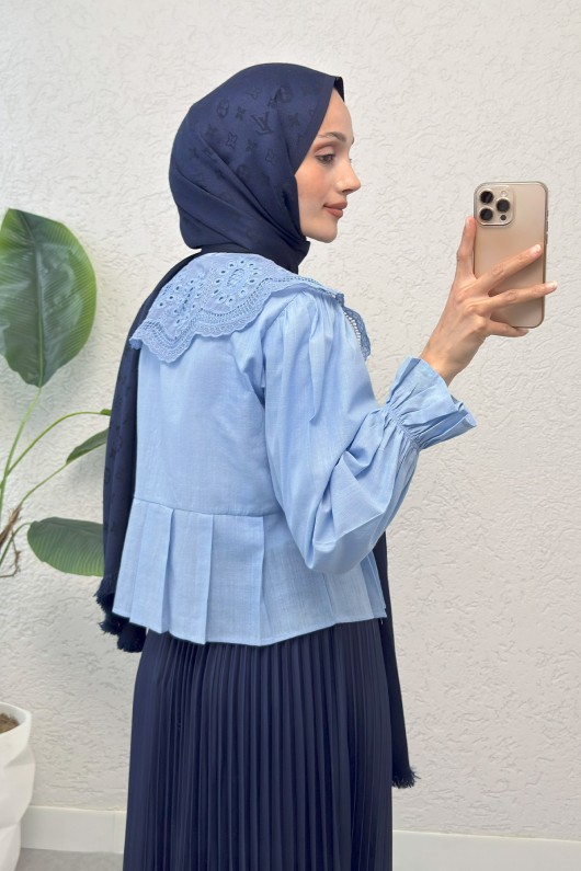 Dantel Yaka Pliseli Gömlek 2313 - BEBE MAVİSİ