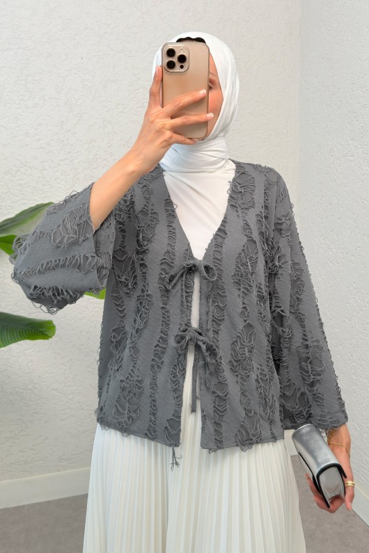 Yırtık Püsküllü Kimono 2314 - ANTRASİT Yırtık Püsküllü Kimono 2314 - ANTRASİT