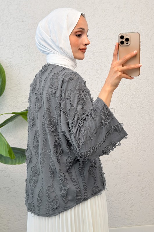 Yırtık Püsküllü Kimono 2314 - ANTRASİT Yırtık Püsküllü Kimono 2314 - ANTRASİT