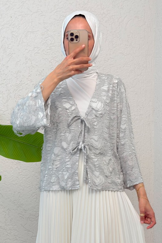 Yırtık Püsküllü Kimono 2314 - GRİ Yırtık Püsküllü Kimono 2314 - GRİ