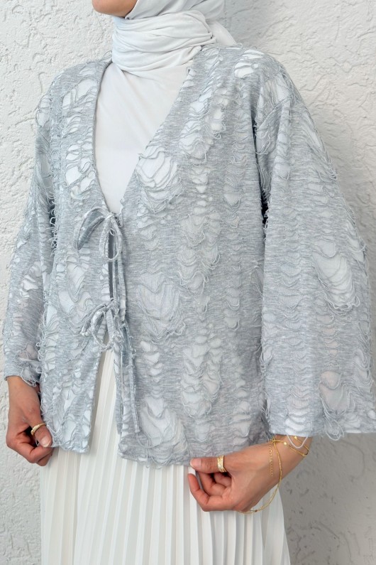 Yırtık Püsküllü Kimono 2314 - GRİ Yırtık Püsküllü Kimono 2314 - GRİ
