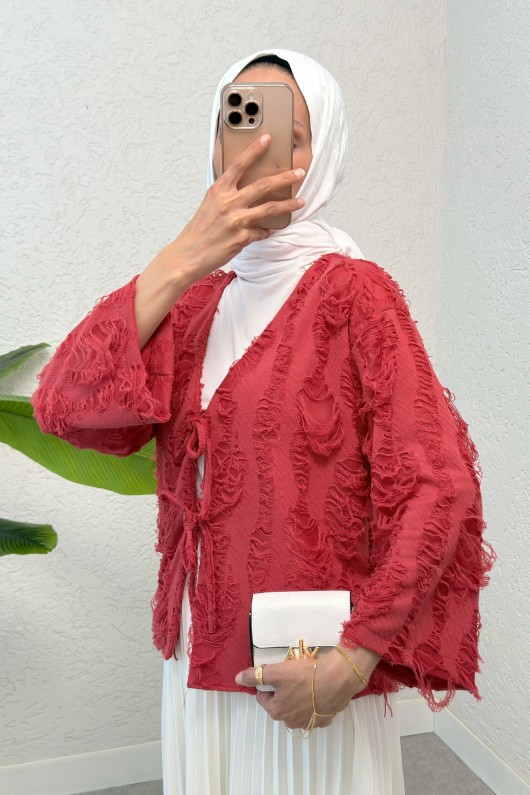 Yırtık Püsküllü Kimono 2314 - KIRMIZI