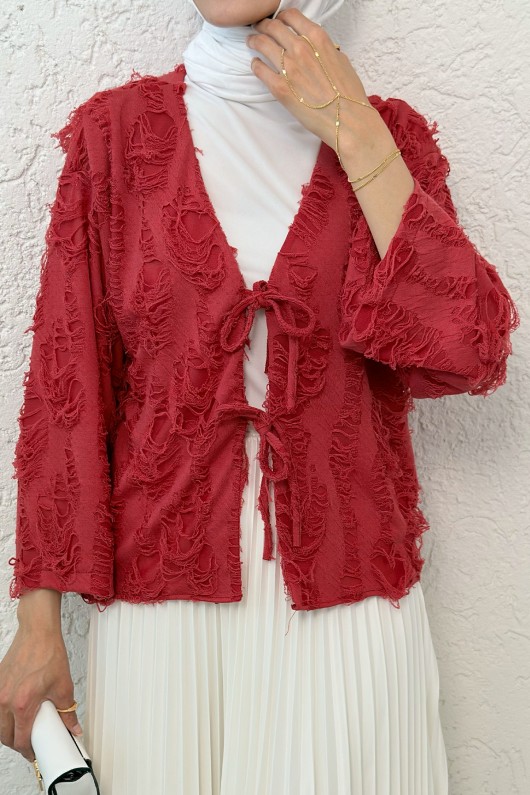Yırtık Püsküllü Kimono 2314 - KIRMIZI