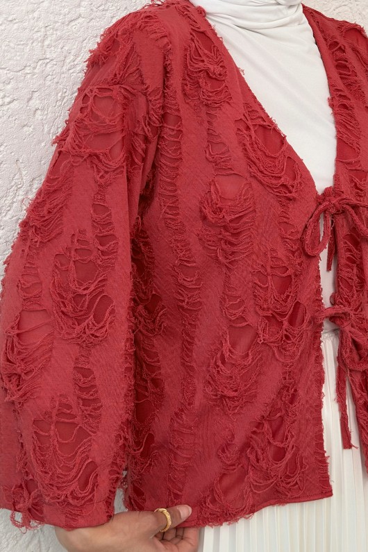 Yırtık Püsküllü Kimono 2314 - KIRMIZI