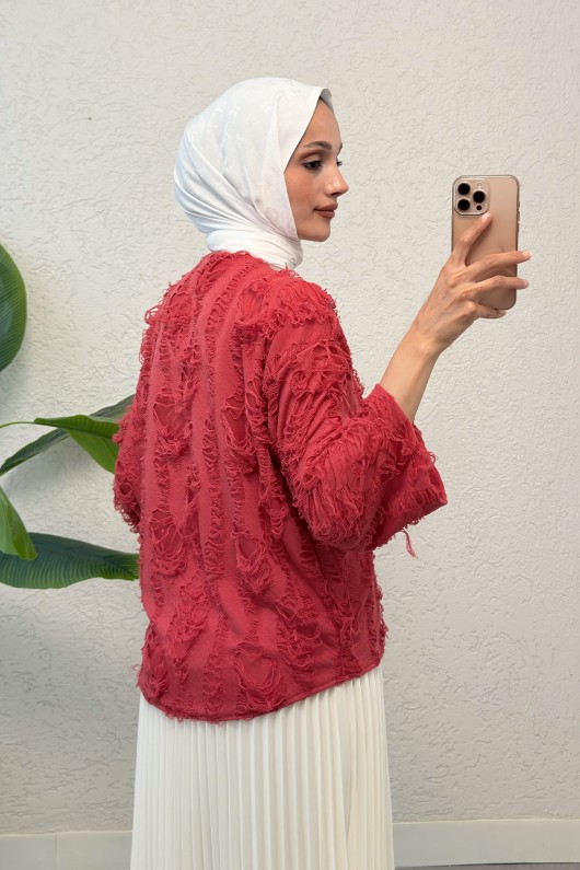 Yırtık Püsküllü Kimono 2314 - KIRMIZI