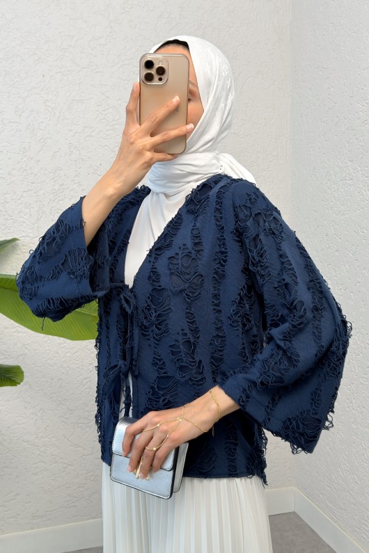 Yırtık Püsküllü Kimono 2314 - LACİVERT