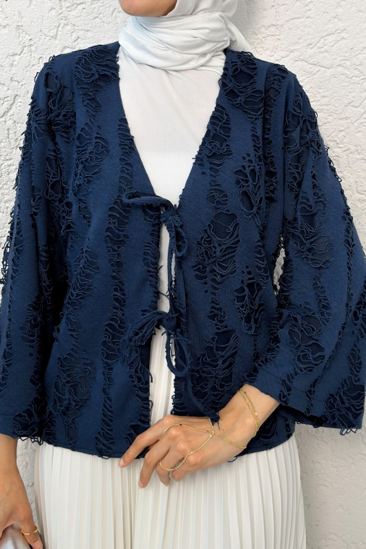 Yırtık Püsküllü Kimono 2314 - LACİVERT