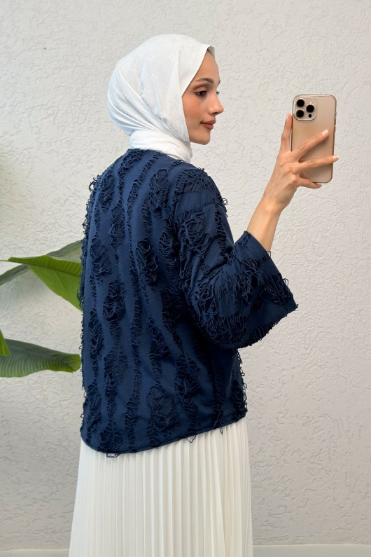 Yırtık Püsküllü Kimono 2314 - LACİVERT