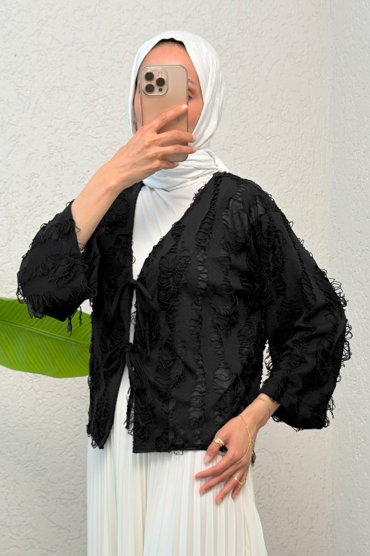 Yırtık Püsküllü Kimono 2314 - SİYAH Yırtık Püsküllü Kimono 2314 - SİYAH