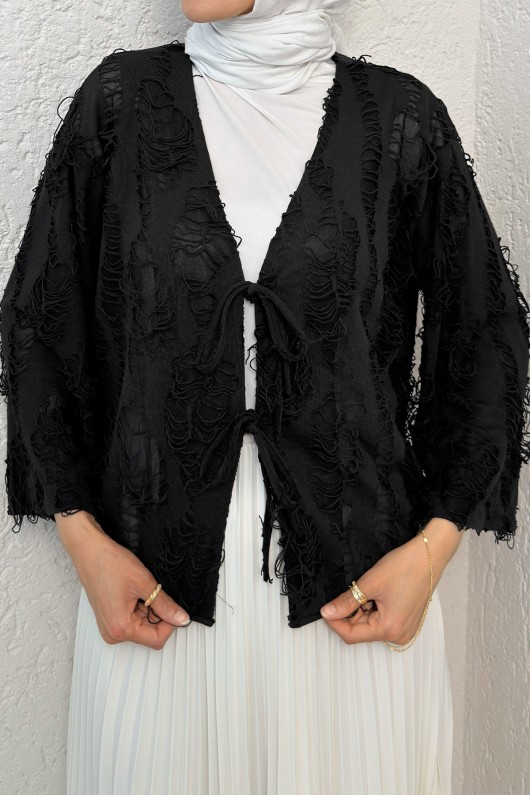 Yırtık Püsküllü Kimono 2314 - SİYAH Yırtık Püsküllü Kimono 2314 - SİYAH