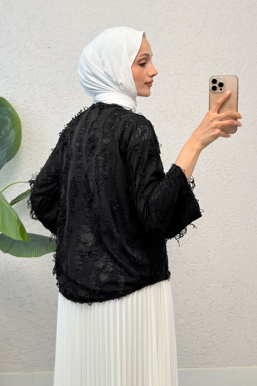 Yırtık Püsküllü Kimono 2314 - SİYAH Yırtık Püsküllü Kimono 2314 - SİYAH