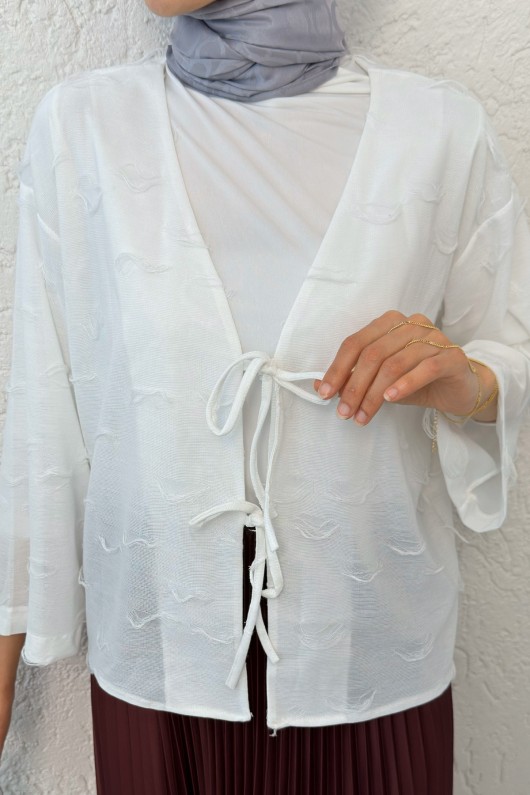 İp Bağcıklı Püsküllü Kimono 2315 - BEYAZ