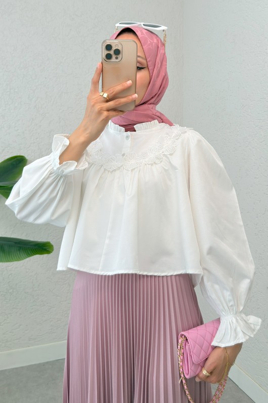 Balon Kol Etek Üstü Bluz 2317 - BEYAZ