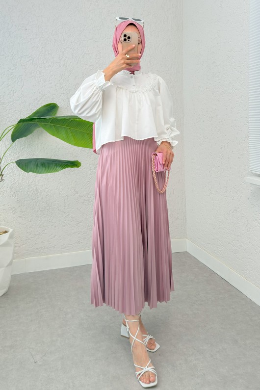 Balon Kol Etek Üstü Bluz 2317 - BEYAZ