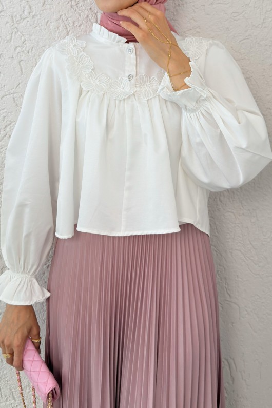 Balon Kol Etek Üstü Bluz 2317 - BEYAZ