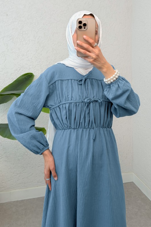 Büzgü Bağcıklı Tesettür Elbise 2319 - İNDİGO