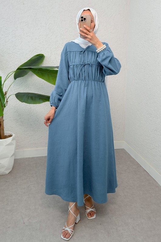 Büzgü Bağcıklı Tesettür Elbise 2319 - İNDİGO