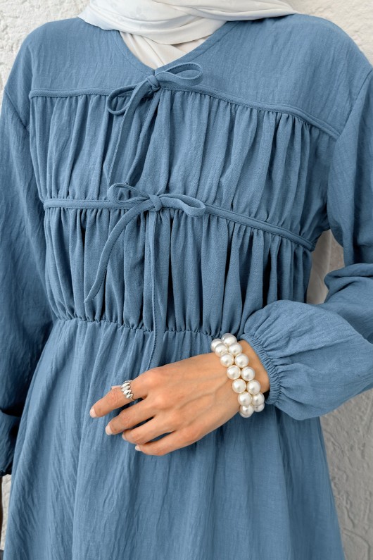 Büzgü Bağcıklı Tesettür Elbise 2319 - İNDİGO