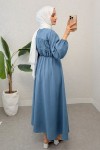 Büzgü Bağcıklı Tesettür Elbise 2319 - İNDİGO