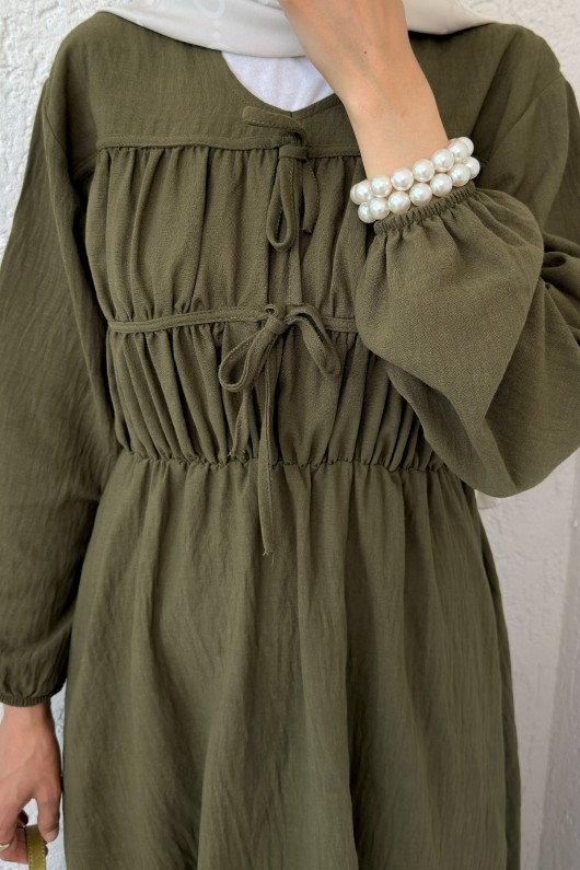 Büzgü Bağcıklı Tesettür Elbise 2319 - KOYU HAKİ