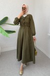 Büzgü Bağcıklı Tesettür Elbise 2319 - KOYU HAKİ