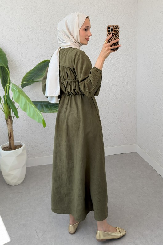 Büzgü Bağcıklı Tesettür Elbise 2319 - KOYU HAKİ