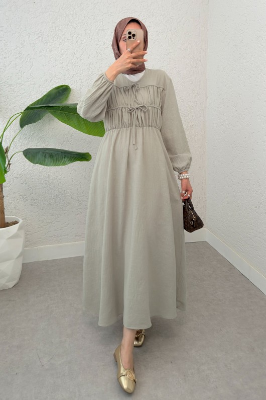 Büzgü Bağcıklı Tesettür Elbise 2319 - KOYU TAŞ