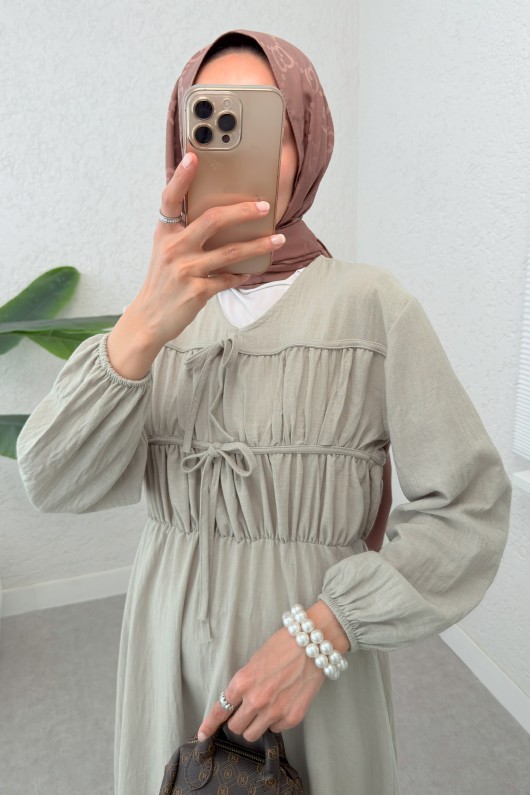 Büzgü Bağcıklı Tesettür Elbise 2319 - KOYU TAŞ